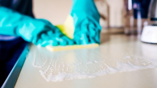 Routine cleaning supplies arranged for upkeep